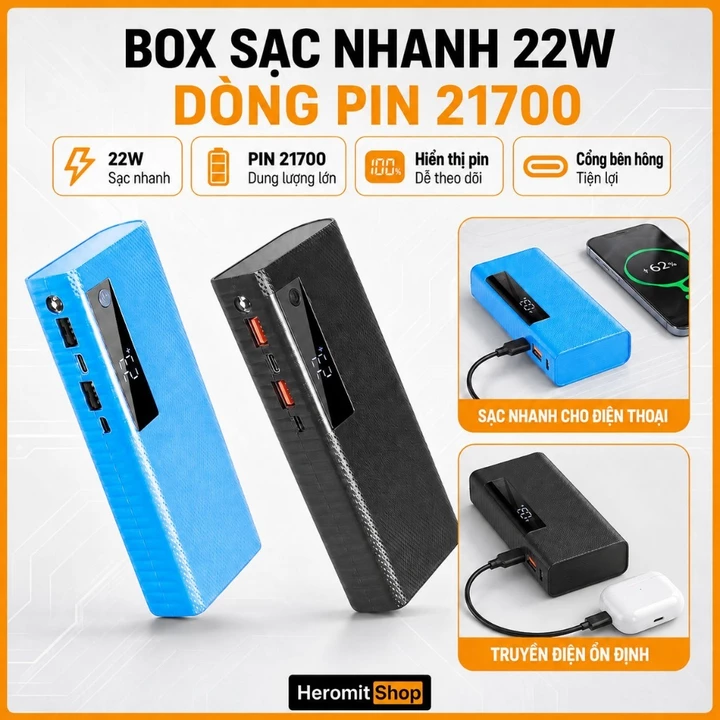 Box Sạc Dự Phòng Pin 21700 Sạc Nhanh 22W, Vỏ Sạc Pin Dự Phòng Tự Lắp Pin Rời - Dòng A5