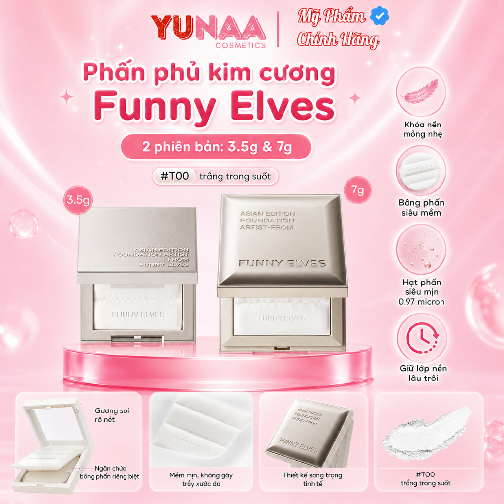 [Y415] Phấn Phủ Kim Cương Funny Elves - Kết Cấu Siêu Mỏng Nhẹ Trong Suốt, Nâng Tông Sáng Da, Bám Da Mịn Mướt
