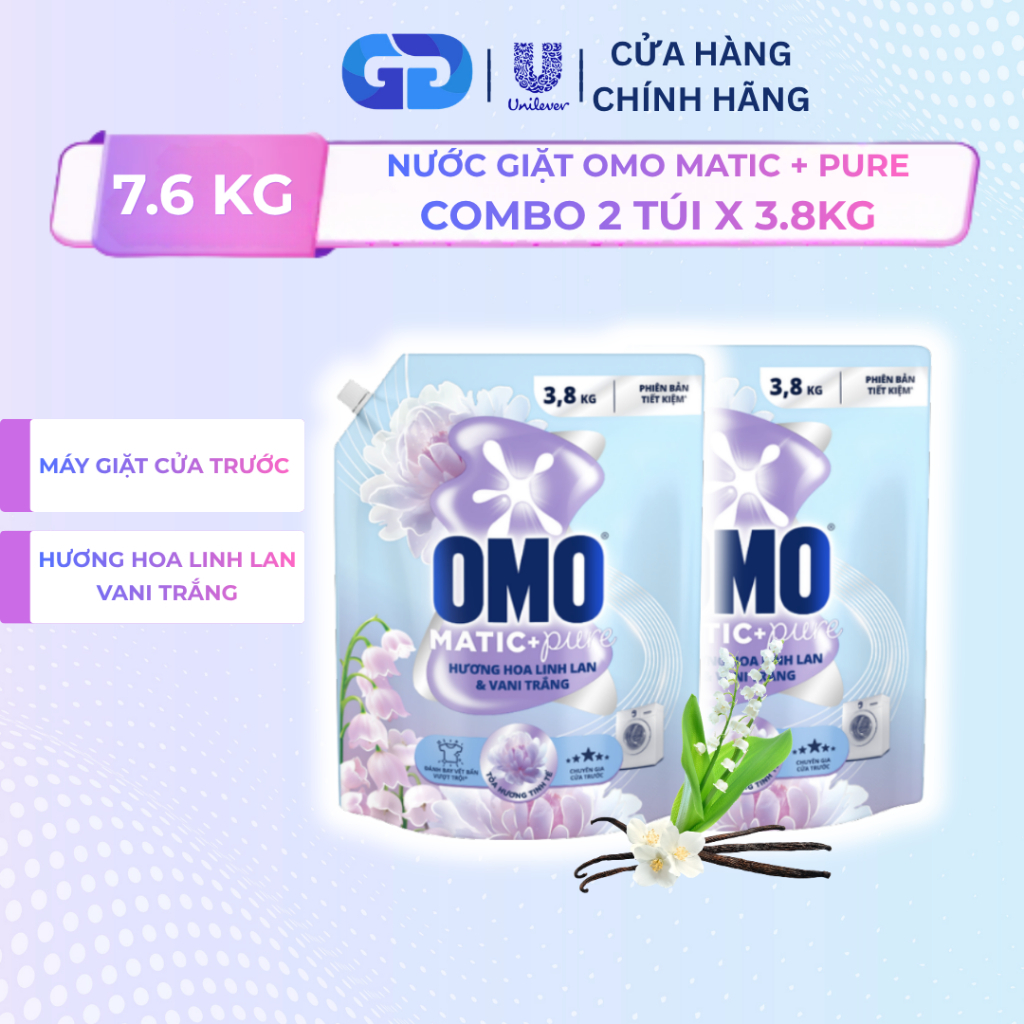 COMBO 2 TÚI X 3.8KG Nước Giặt OMO Matic Pure Cửa Trước Hương Hoa Linh Lan & Vani Trắng Thơm Lâu