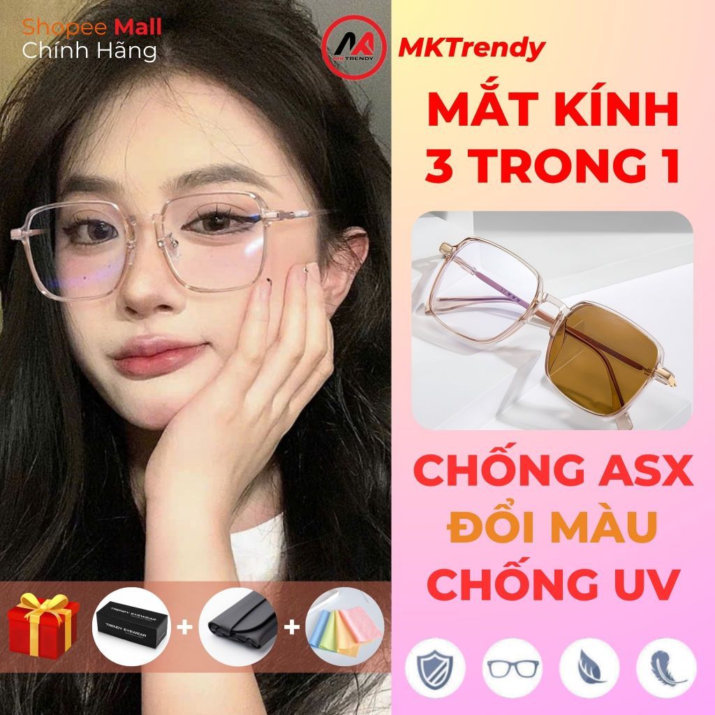 Kính đổi màu MKTRENDY gọng kim loại vuông chống tia UV chống ánh sáng xanh thời trang nam nữ X14