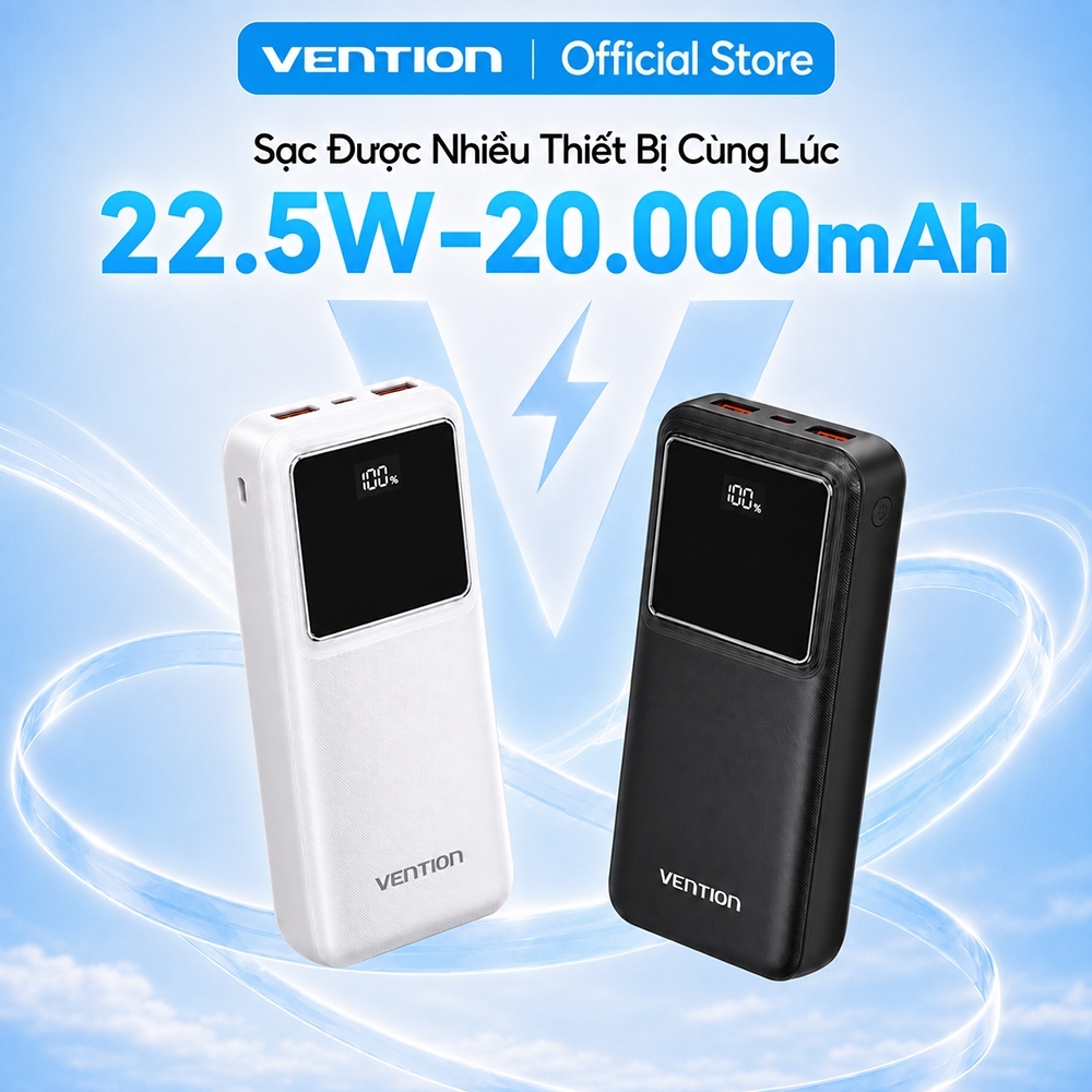 Pin Sạc Dự Phòng 20000mAh 22.5W Vention, Sạc Nhanh PD/QC,3 Cổng USB-A & USB-C, Dung Lượng Lớn, Được Mang Lên Máy Bay