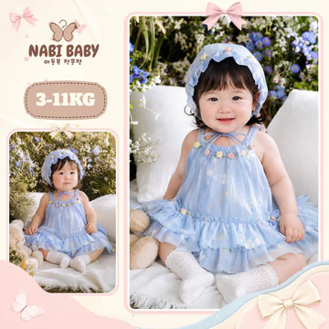 Set váy công chúa bé gái cổ ren kèm mũ tiểu thư phong cách hàn quốc đi tiệc đầy tháng Nabi Baby NB11