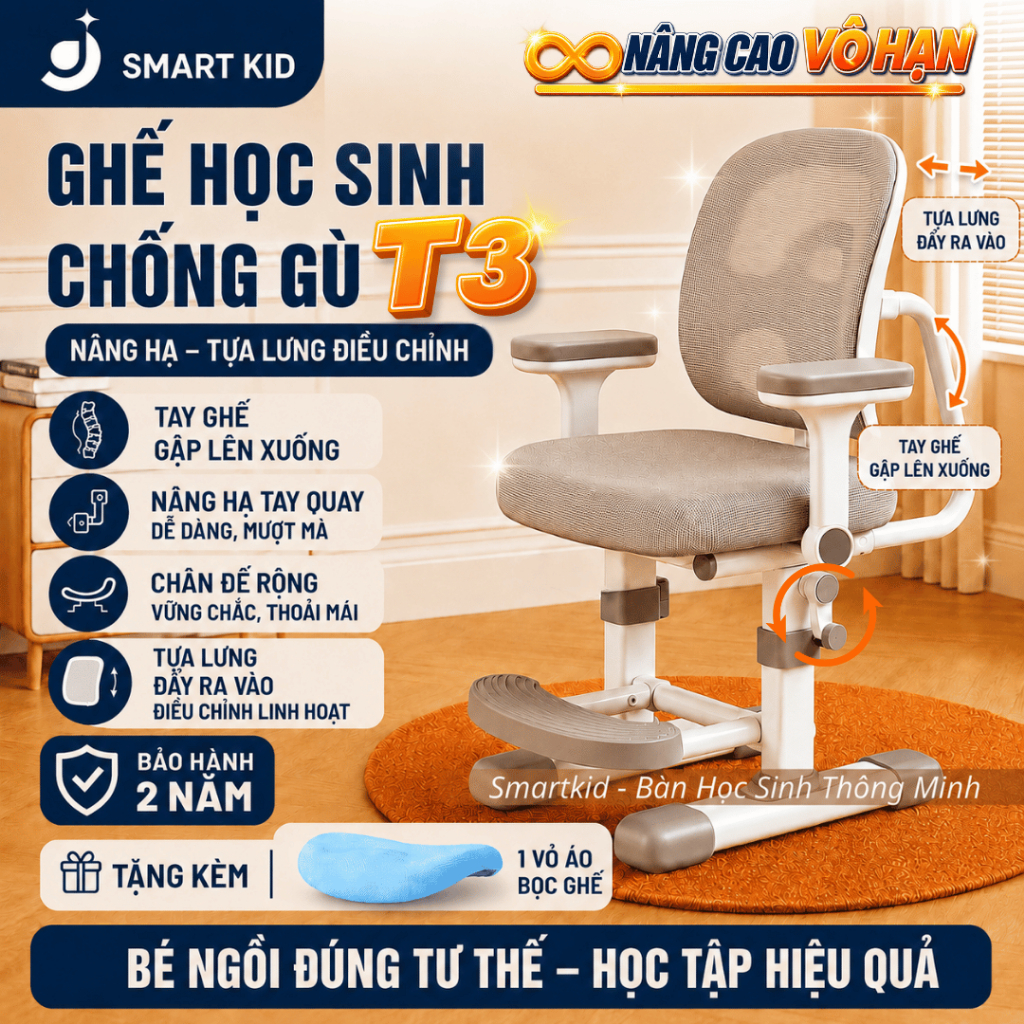 Ghế chống gù T3 Ghế học sinh Smart Kids, Nâng hạ độ cao bằng tay quay có giá đỡ chân và tay ghế gập, tựa ghế đẩy ra vào