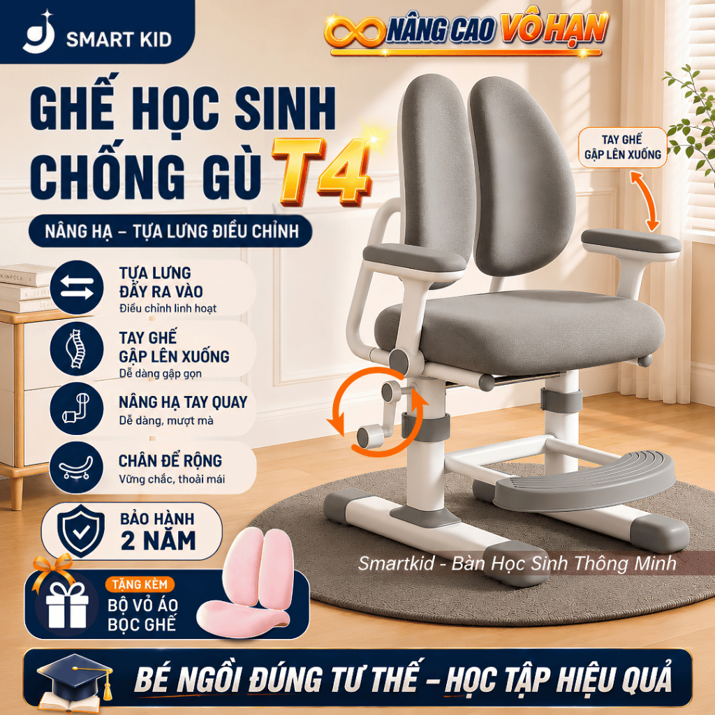 Ghế chống gù T4 Ghế học sinh Smart Kids, Tay Ghế Gấp Gọn Nâng hạ độ cao bằng tay quay có giá đỡ chân, tựa ghế đẩy ra vào