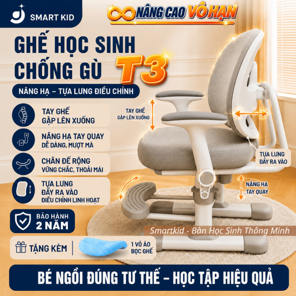 Ghế chống gù cho bé Smartkids T3 Tay Ghế Gập Ghế học sinh Tựa lưng thoáng khí Nâng hạ tay quay Cho bé từ 3-15 tuổi