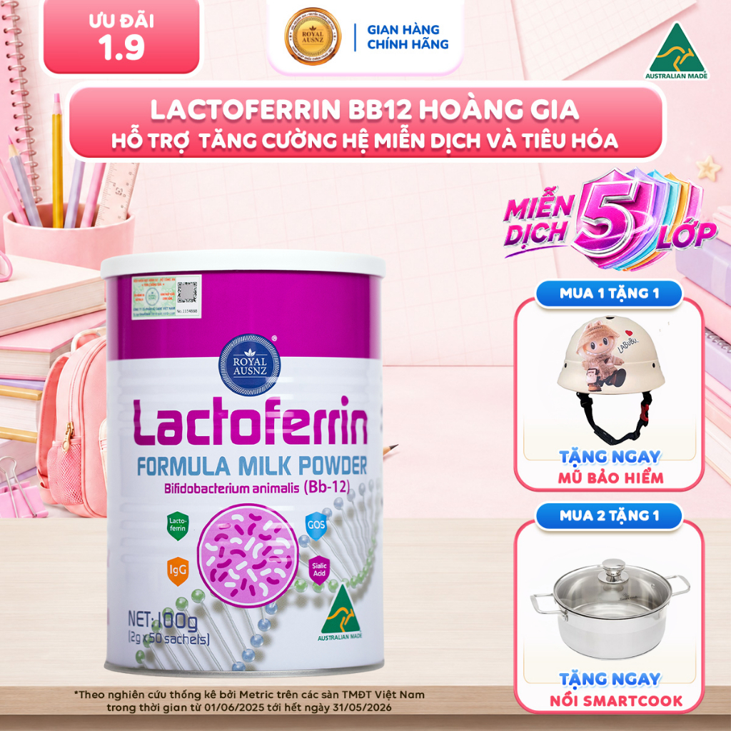 Lactoferrin Bb12 Hoàng Gia ROYAL AUSNZ Lactoferrin Hồng, Hỗ Trợ Tăng Đề Kháng, Miễn Dịch Cho Bé Hộp 100g