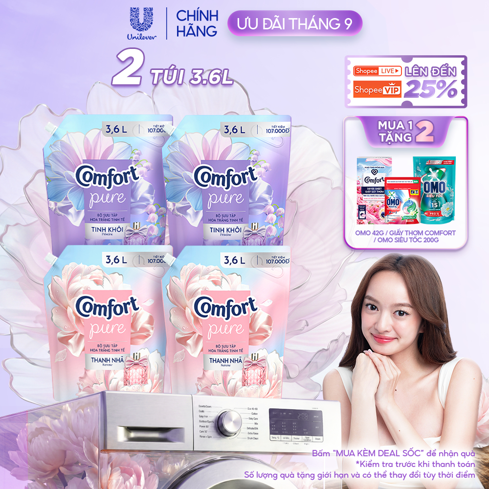 Combo 2 Nước Xả Vải Comfort Hoa Trắng Thanh Nhã Túi 3.6L