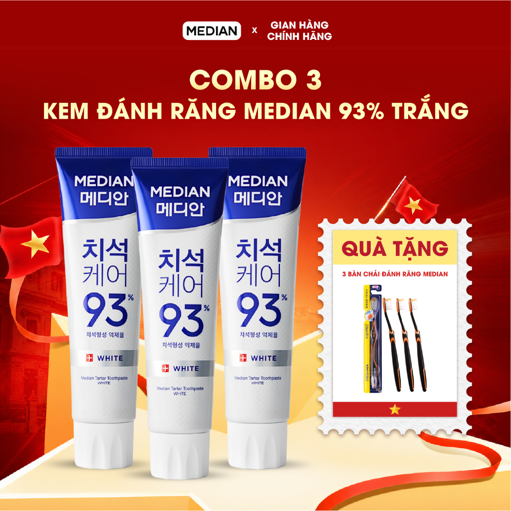Combo 3 Tuýp Kem Đánh Răng MEDIAN 93% Tartar White Toothpaste Giúp Răng Trắng Sáng, Loại Bỏ Mảng Bám