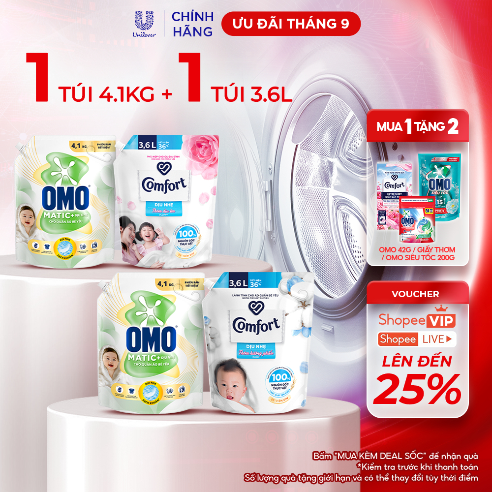 Túi Nước Giặt Omo Matic Cho Quần Áo Bé Yêu 4,1kg + Nước Xả Vải Comfort Dịu Nhẹ Túi 3,6L - Combo dành cho mẹ và bé