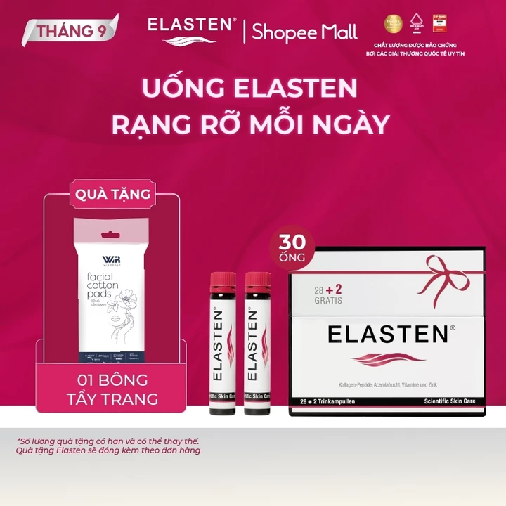 Hộp 30 ống Collagen Elasten Giúp Da Căng Mịn, Chống Lão Hóa, Tóc Chắc Khỏe Ốngx25ml