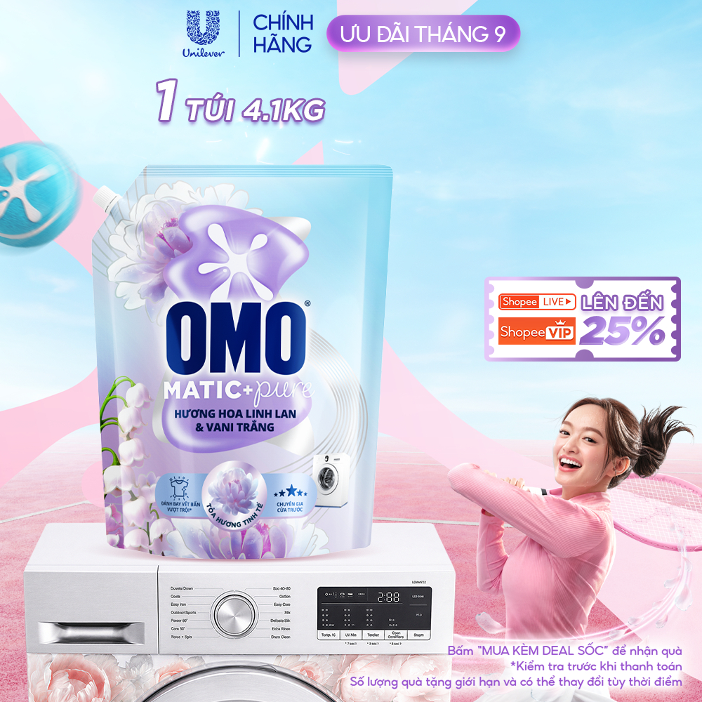 Nước giặt OMO Matic Pure Cửa Trước Hương Linh Lan & Vani Trắng 4.1KG (túi)