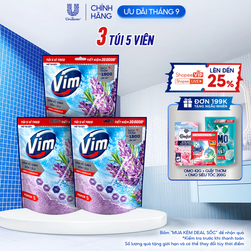 Combo 3 Túi 5 Viên Treo Vệ Sinh Bồn Cầu Vim Power 5 | Sạch Thơm Đến 300 Lần Xả (50g/viên) — ảnh 1
