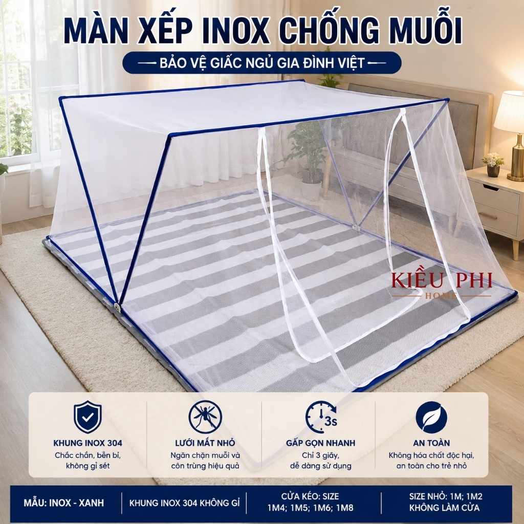 Màn chụp tự bung màn xếp ngủ chống muỗi thông minh khung inox - mùng chụp ngủ gấp gọn