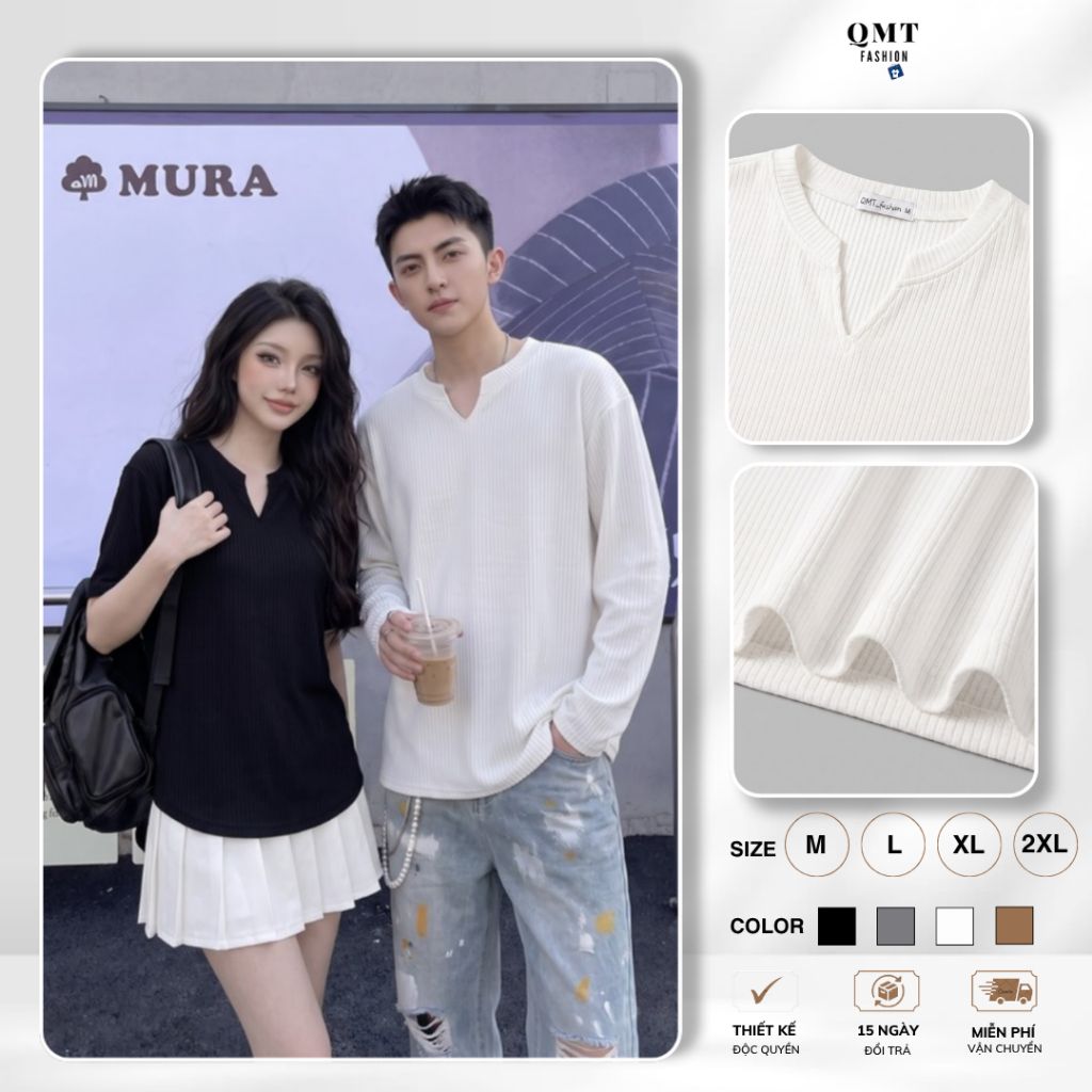 Áo Thun Tay Dài/Ngắn Form Rộng Unisex Oversize Cổ V, Áo Thun Trơn chất mịn mềm mại co giãn QMT | BigBuy360 - bigbuy360.vn