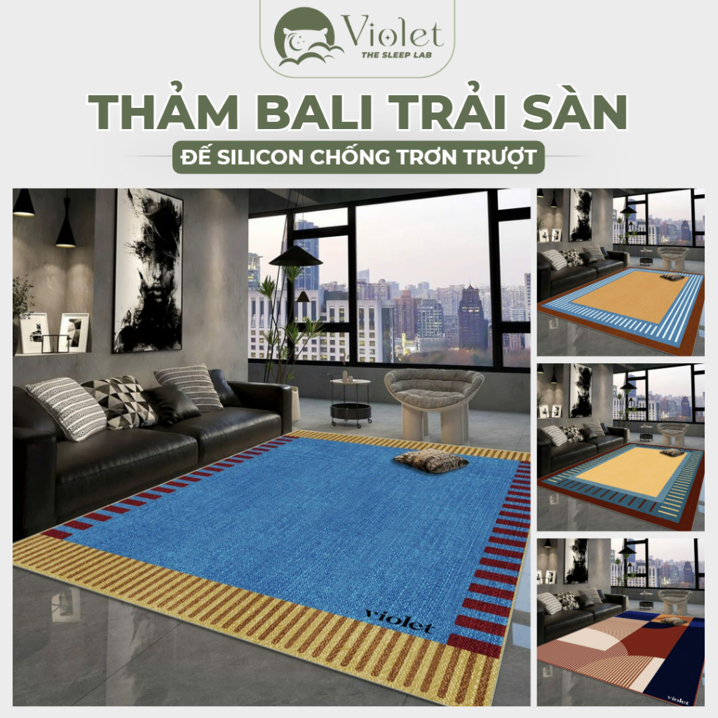 Thảm Trải Sàn Phòng Khách Bali VIOLET HOME Caro Nhiều Màu Decor Phòng Khách, Đế Cao Su Chống Trơn Trượt