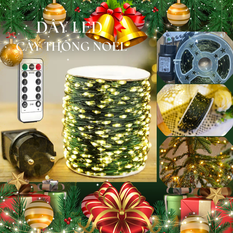 Đèn Led Hạt Gạo Dây Đồng Xanh Lá Kèm Remote, Dây Led Nháy Quấn Trang Trí Cây Thông Noel Giáng Sinh