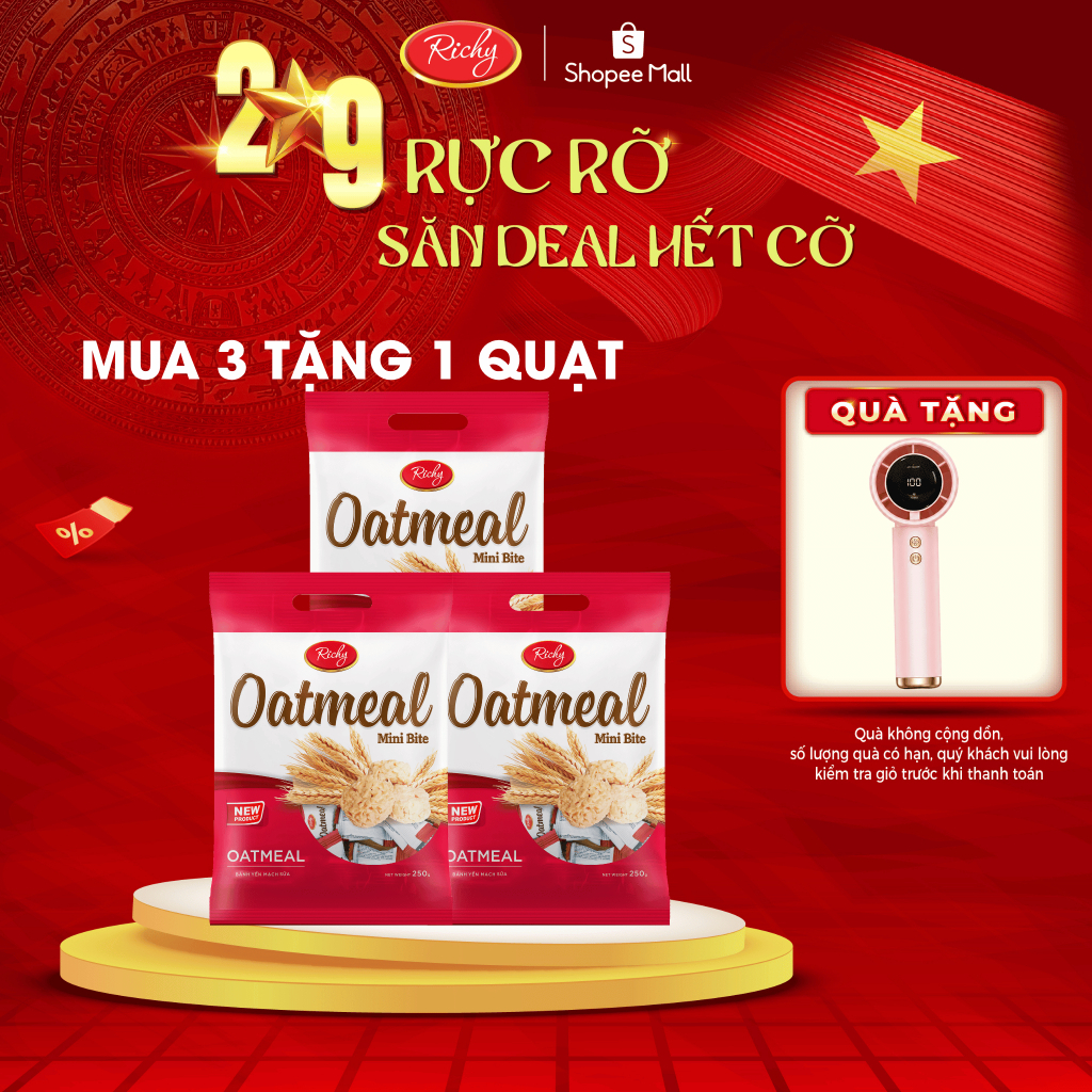 [MUA 3 TẶNG 1 QUẠT]  Combo 3 Bánh Yến Mạch Oatmeal Richy 2 Vị, Sữa, Phô Mai Túi 220g-250g