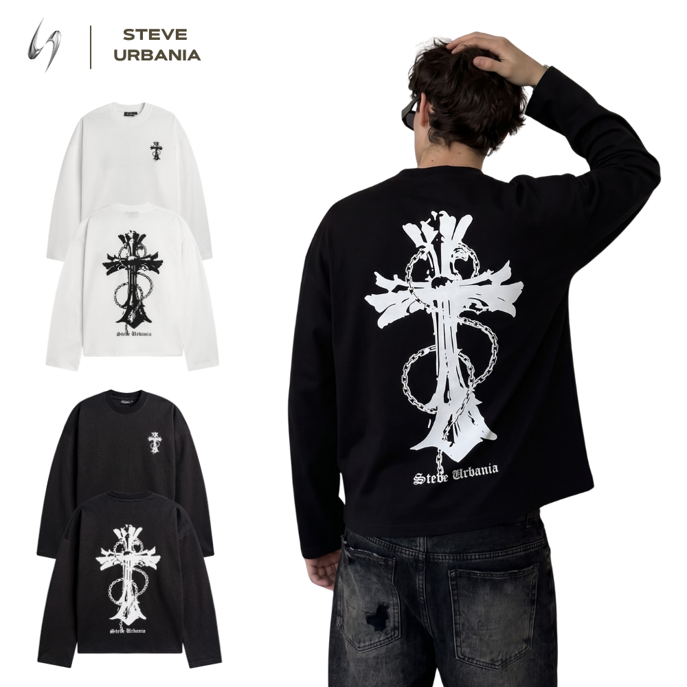 Áo dài tay Long Sleeve Godthic S STEVE URBANIA cotton họa tiết thập giá vintage, Áo dài tay form rộng nam nữ - LS04