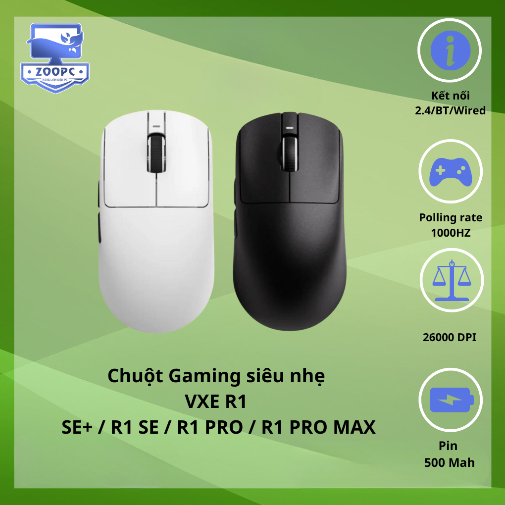 Chuột Gaming không dây siêu nhẹ VXE R1 SE+ / R1 SE / R1 PRO / R1 PRO MAX | ZOOPC STORE OFFICIAL