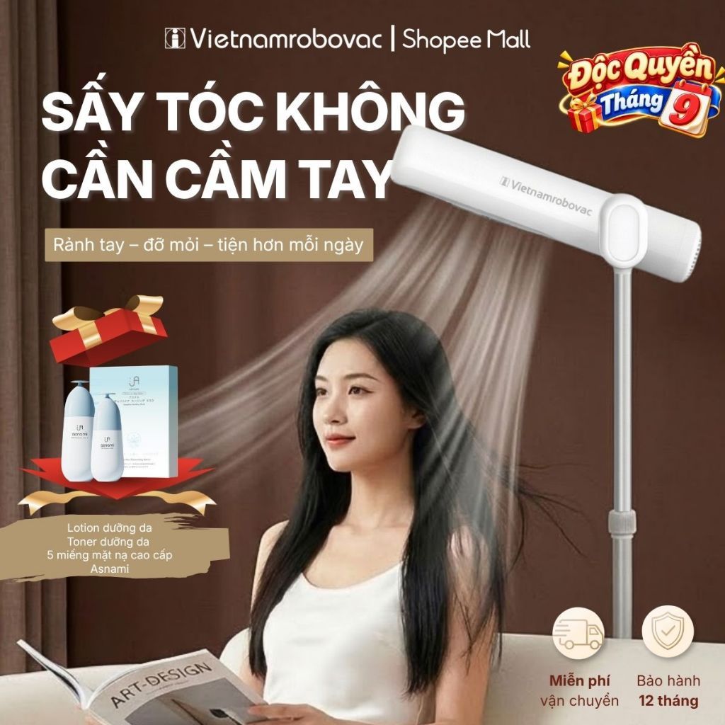 Máy Sấy Tóc Rảnh Tay Vietnamrobovac A0D - Tiết Kiệm Thời Gian - Cửa gió kép Sấy nhanh - Chăm Sóc Tóc Mềm Mại Bằng ion Âm