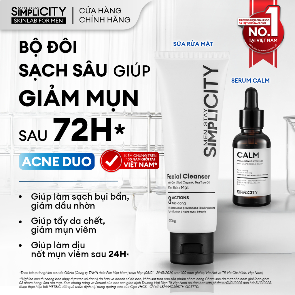 Combo Acne Duo giảm mụn sưng viêm cho nam Men Stay Simplicity: Sữa rửa mặt 100g và Serum Calm 30ml
