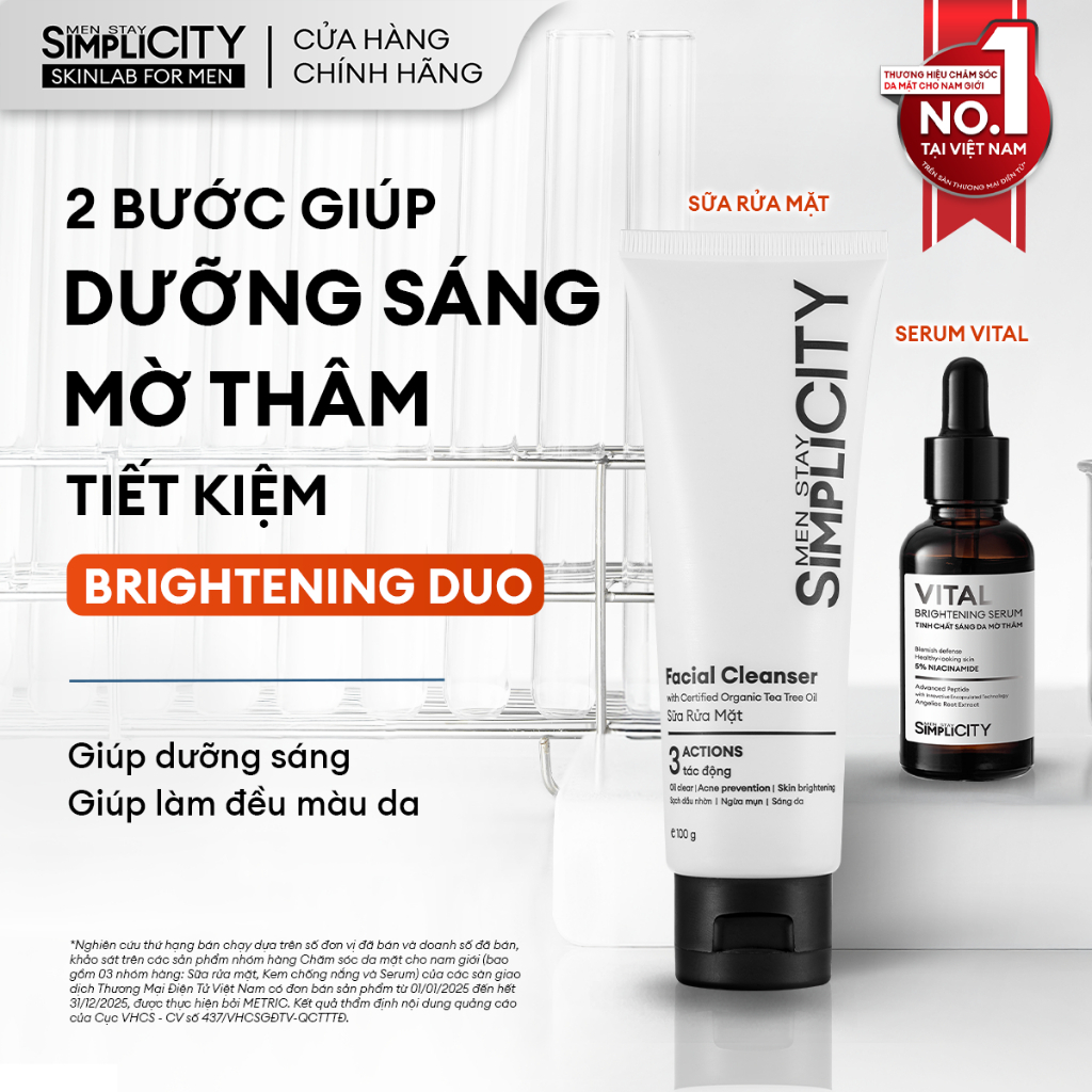 Combo Brightening Duo dưỡng trắng mờ thâm tiết kiệm cho nam Men Stay Simplicity: Sữa rửa mặt 100g & Serum Vital 30ml