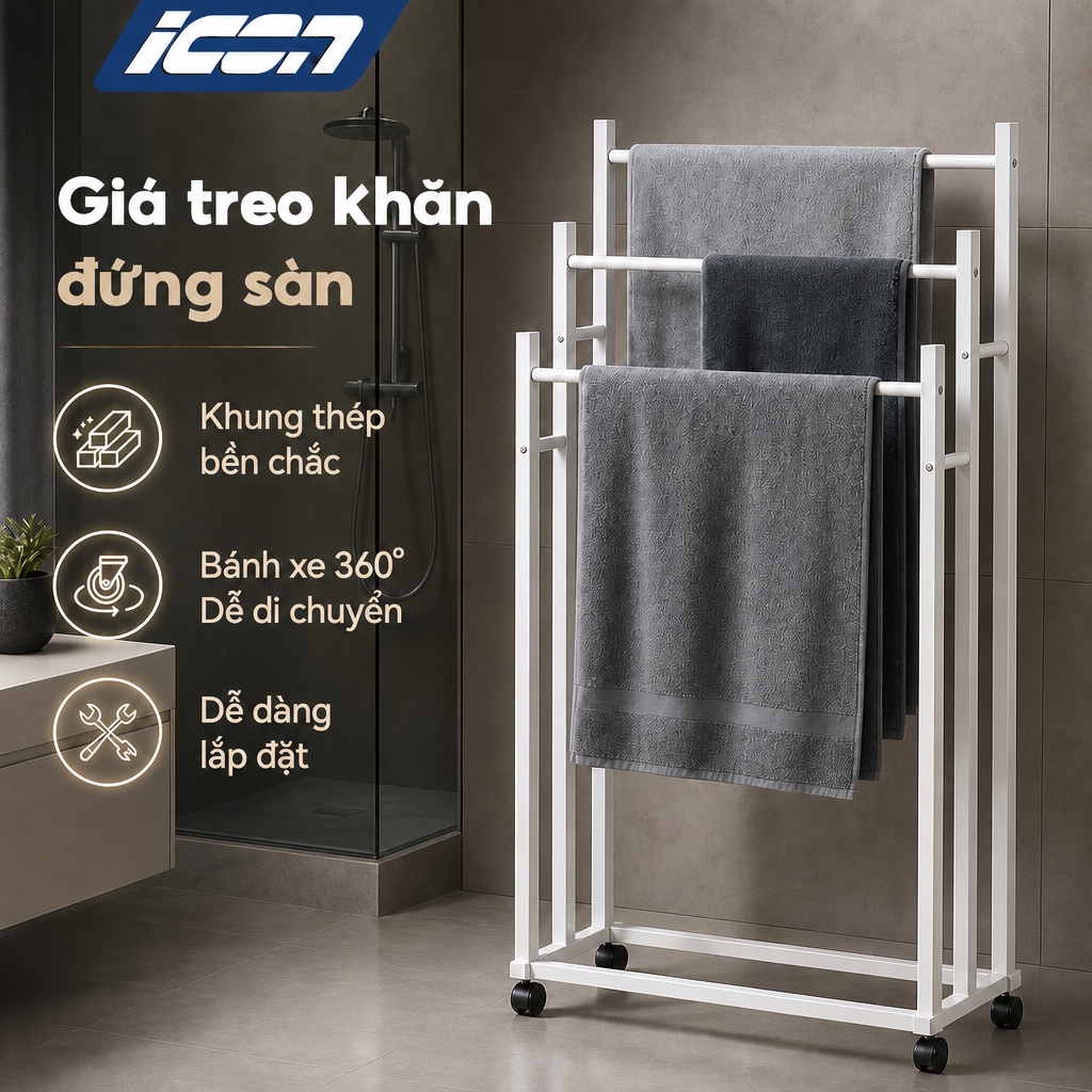 ICON Giá treo khăn đa năng đứng sàn – Kệ để khăn phòng tắm, khung thép chắc chắn, thiết kế sang trọng tiện lợi