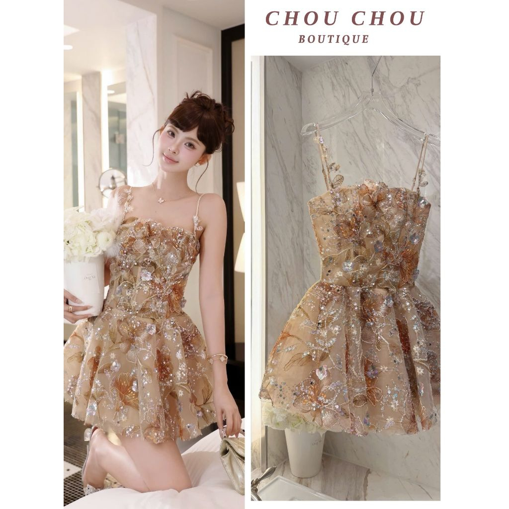 Đầm Dáng Ngắn 2 Dây Cúp Ngực Phủ Hoa 3D Kết Kim Tuyến Ánh Kim Chuẩn TRÂN ALI Xoè Phồng Màu Nude Đi Tiệc Sinh Nhật