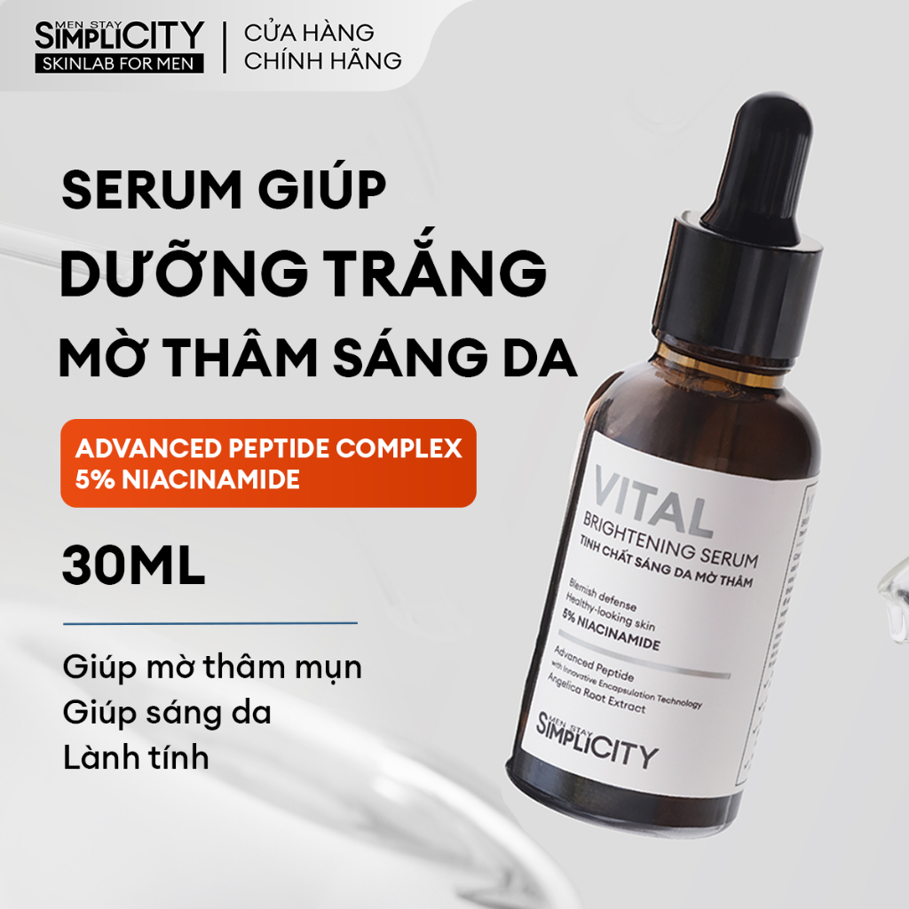Serum Vital dưỡng trắng mờ thâm cho nam phức hợp Peptide + 5% Niacinamide Men Stay Simplicity 30ml