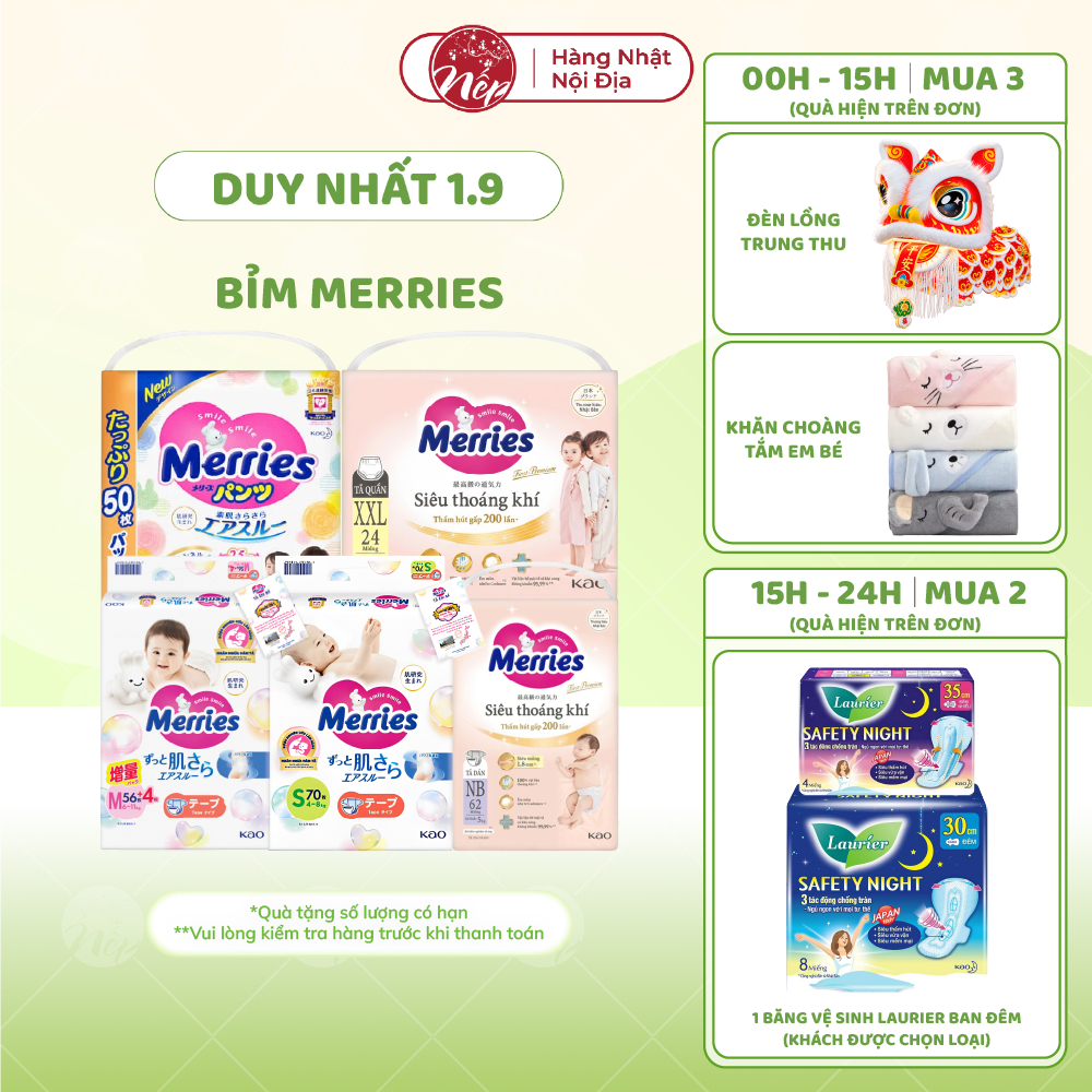 [HCM] [CỘNG MIẾNG] Tã/bỉm quần Merries NB76+6/S70+6 /M56+4/ M52+6/L44+6/XL38+6 - nepshop1