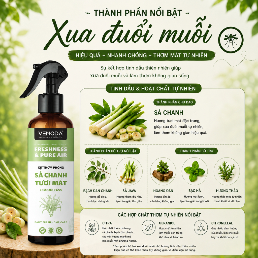 Xịt phòng tinh dầu Sả Chanh, Bạc Hà, Quế VEMODA giúp thơm phòng, xua đuổi muỗi côn trùng, khử mùi | BigBuy360 - bigbuy360.vn