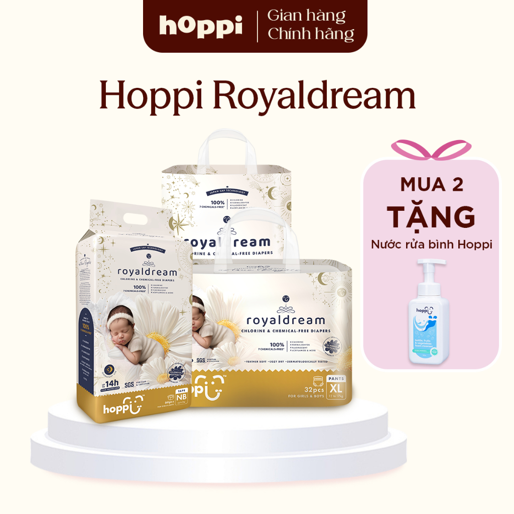 [M2] Bịch Bỉm - Tã Hoppi Royaldream cao cấp, thấm hút 14 giờ, an toàn cho bé (đủ các size)