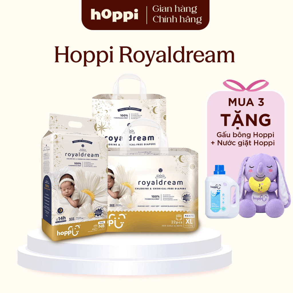 [M3] Bịch tã - bỉm Hoppi Royaldream cao cấp, thấm hút 14 giờ, an toàn cho bé (đủ các size)