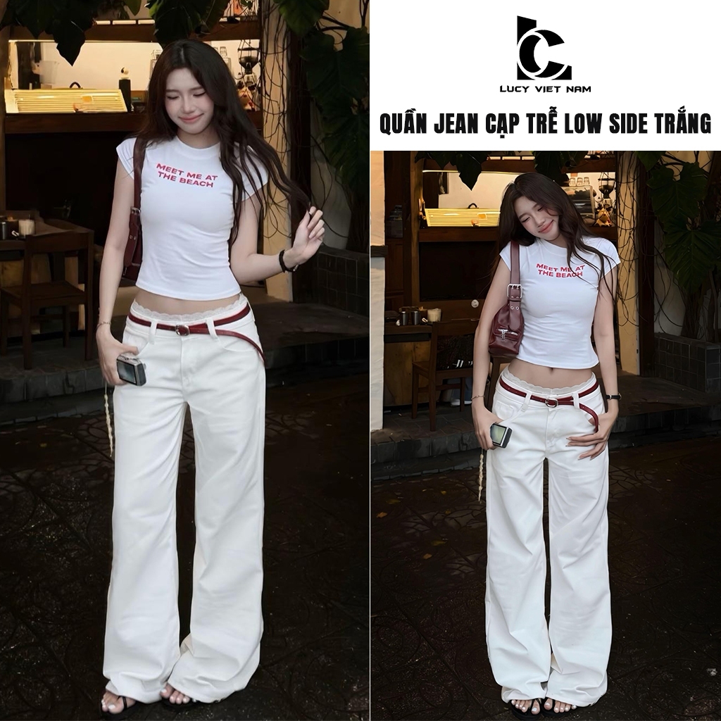 Quần Jean Nữ Cạp Trễ Trắng Ống Rộng 26 28cm Low Rise Wide Leg Jeans Form Suông AVO AVOCADO