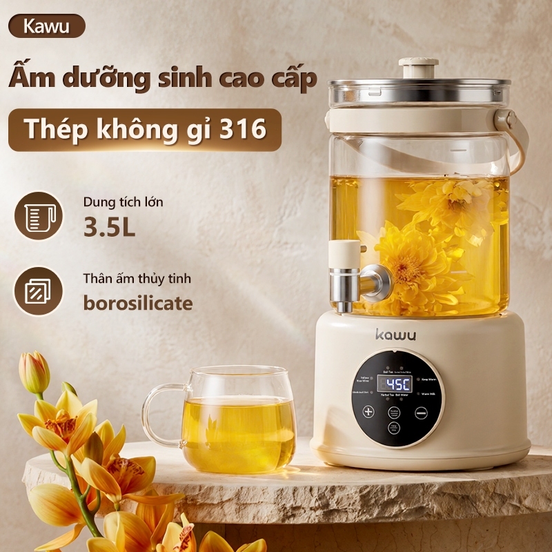 Ấm siêu tốc Kawu 3.5L inox 316 1000W giữ nhiệt 24h đa năng thủy tinh brosilicate ấm đun nước