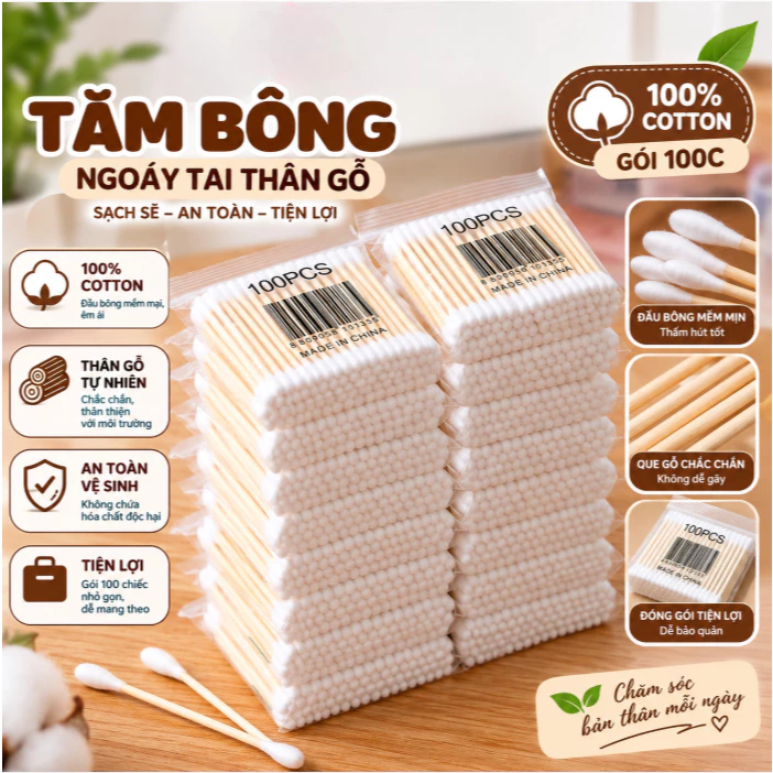 ❌COMBO 10❌ Tăm Bông Ngoáy Tai Thân Gỗ,(Gói 100c) Tăm Bông Nặn Mụn Hai Đầu Đa Năng Vệ Sinh An Toàn 88383 THẾ GIỚI 88