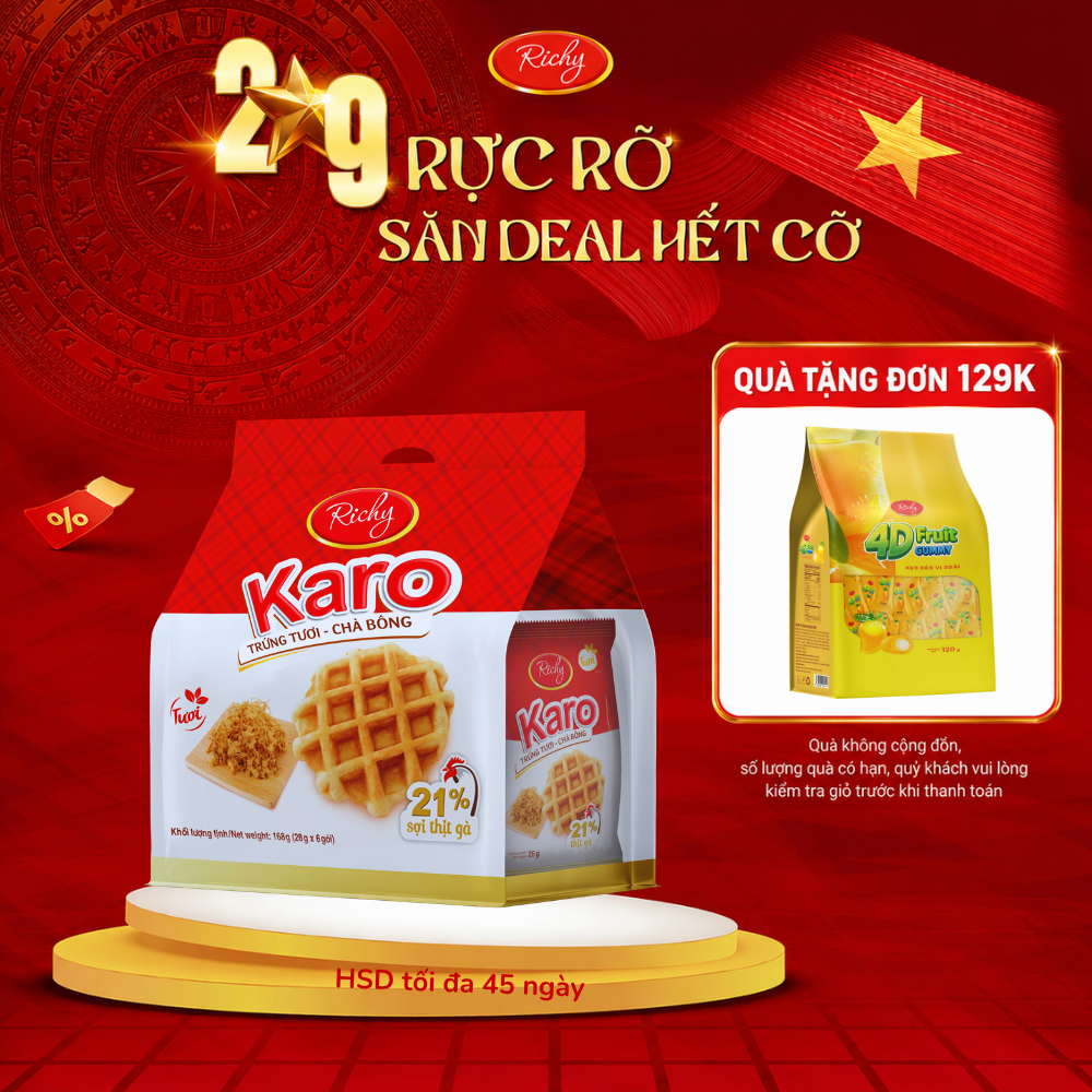 [GIAO NHANH] [Quà Tặng Đơn 129k] Bánh Tươi Richy KARO Bịch 6 Chiếc Vị Chà Bông Sợi Gà, Phô Mai Hoàng Kim