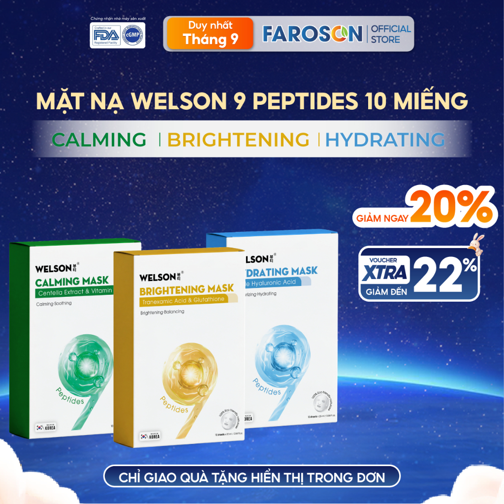 [HỘP] Mặt Nạ Phục Hồi, Dưỡng Sáng, Cấp Ẩm Đa Tầng Welson 9 Peptides 1 hộp x 10 miếng x 25ml