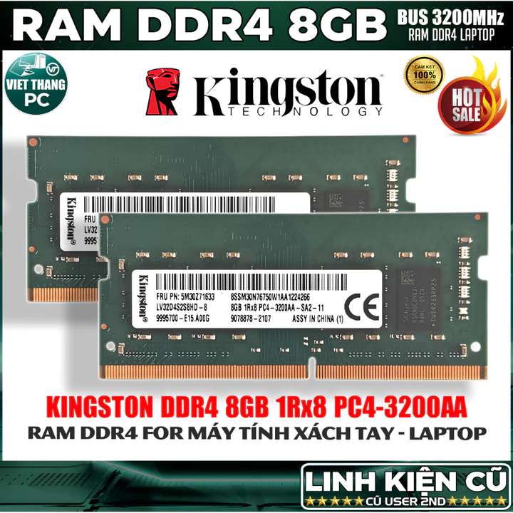 Ram Máy Tính Laptop Kingston 8GB DDR4 Bus 3200Mhz Dùng cho Laptop Ram cũ đã qua sử dụng ( Cũ - 2nd )