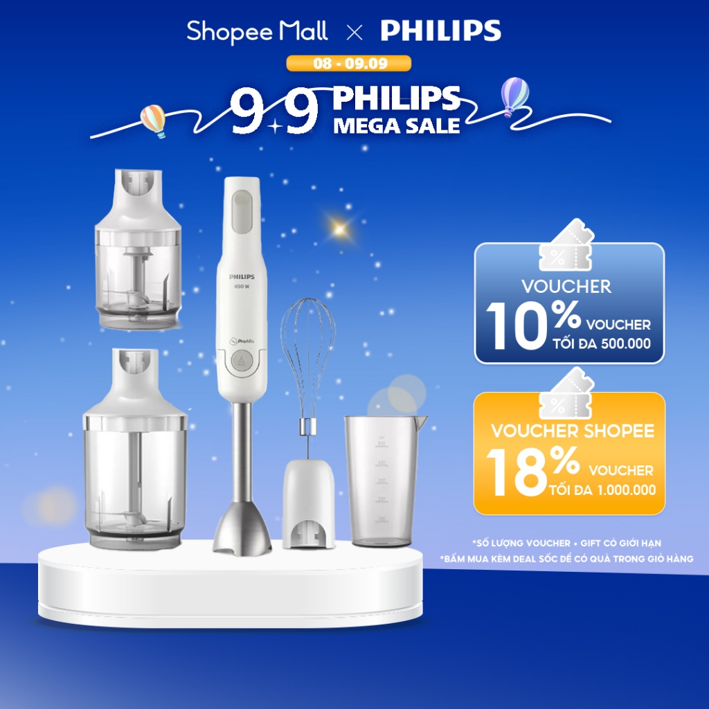 Máy xay cầm tay Promix PHILIPS HR2537 /00 650W full phụ kiện - Hàng Chính Hãng