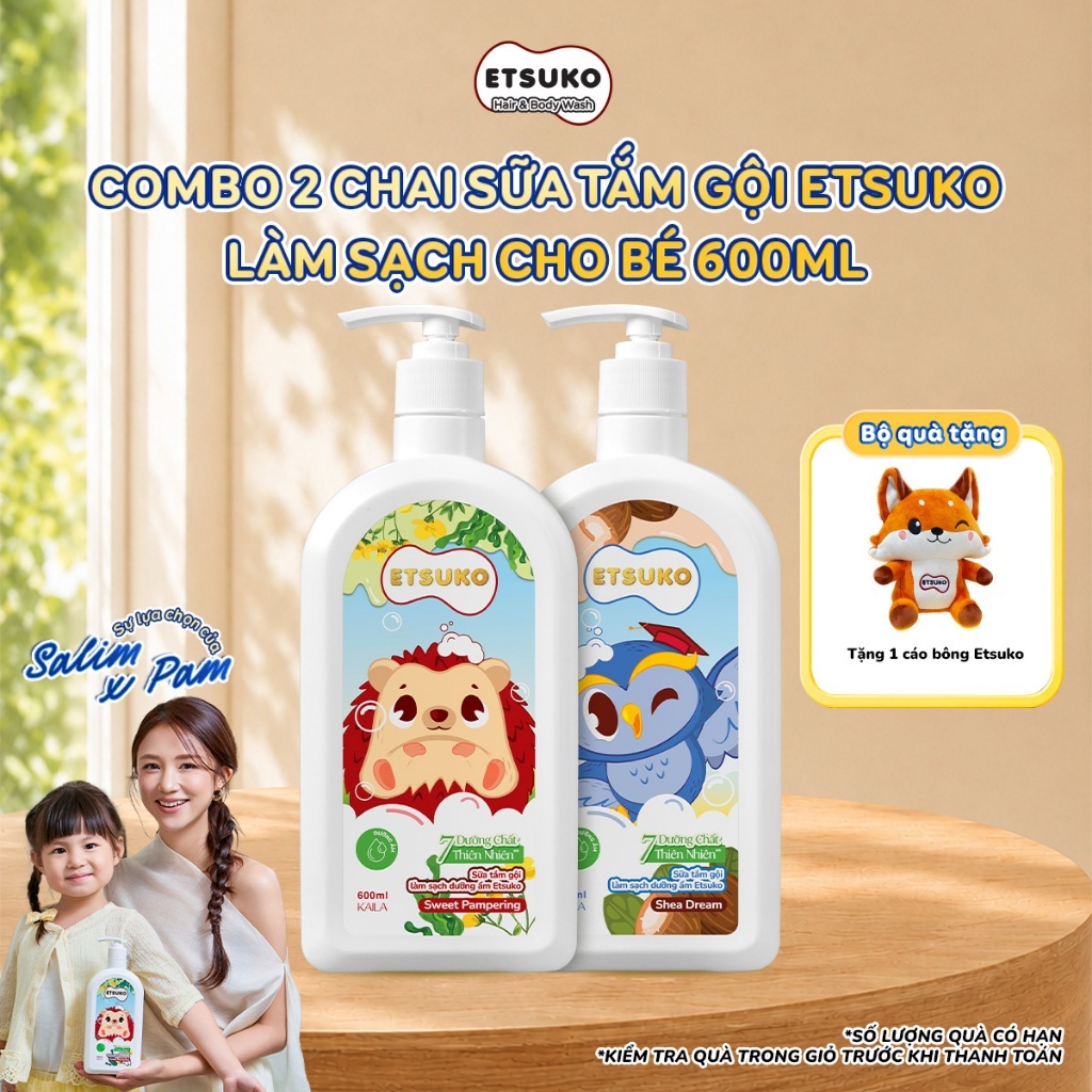 Combo 2 Chai Tắm Gội Cho Bé Dòng Kháng Khuẩn & Dòng Dưỡng Ẩm ETSUKO 600ml Làm Sạch Bảo Vệ Da.