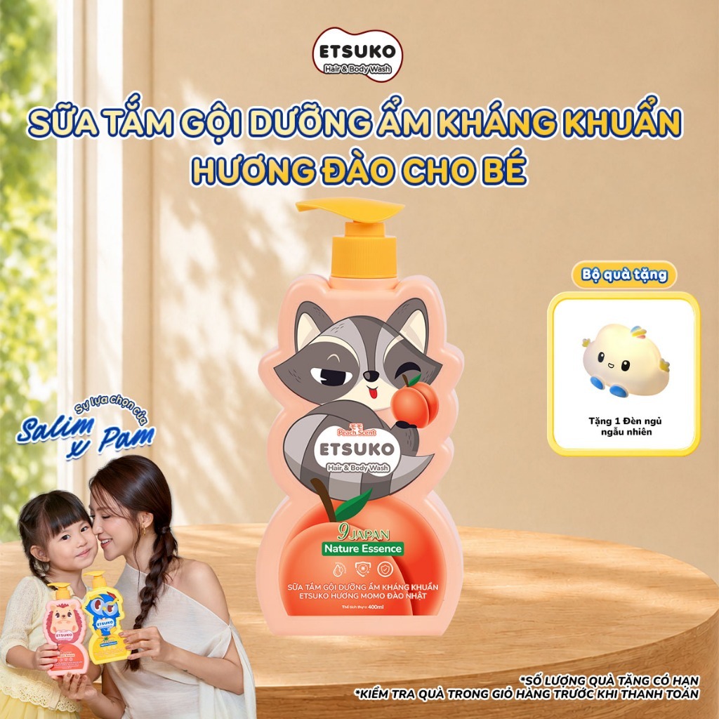Sữa Tắm Gội Cho Bé ETSUKO Hương Momo Đào Nhật 400ml Dưỡng Ẩm Và Kháng Khuẩn An Toàn Cho Da Nhạy Cảm.