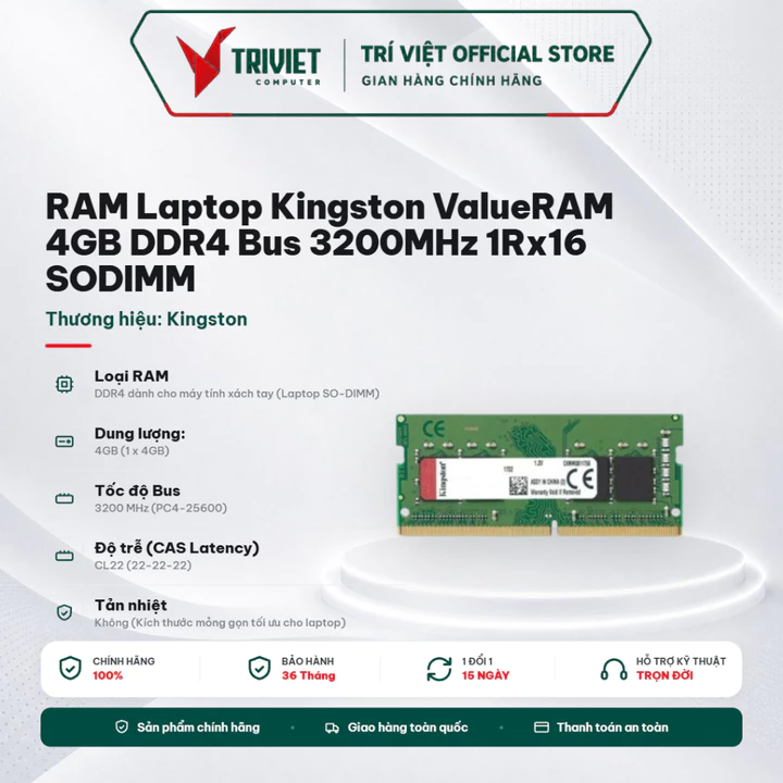 RAM Kingston 4GB DDR4 3200MHz SODIMM 1Rx16 KVR32S22S6/4 CL22 RAM Laptop Chuẩn 1.2V Tiết Kiệm Điện & Pin