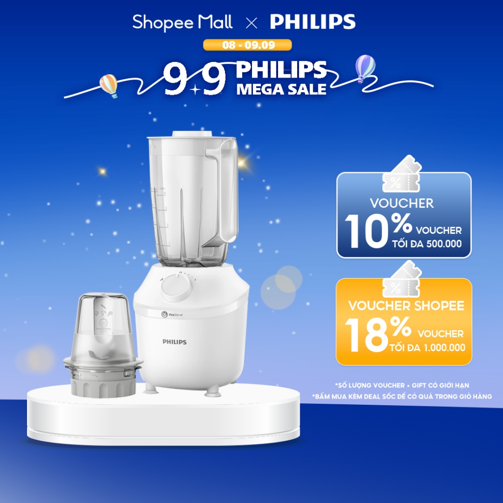 Máy xay sinh tố PHILIPS HR2041 /10 | 450W |xay nhuyễn trong 45s - Hàng Chính Hãng