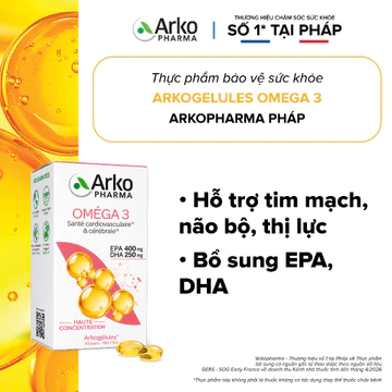 Dầu cá Omega 3 Pháp Arkopharma hỗ trợ tim mạch, não bộ, thị lực, bổ sung DHA EPA-TPBVSK ARKOGELULES OMEGA 3 (180v)