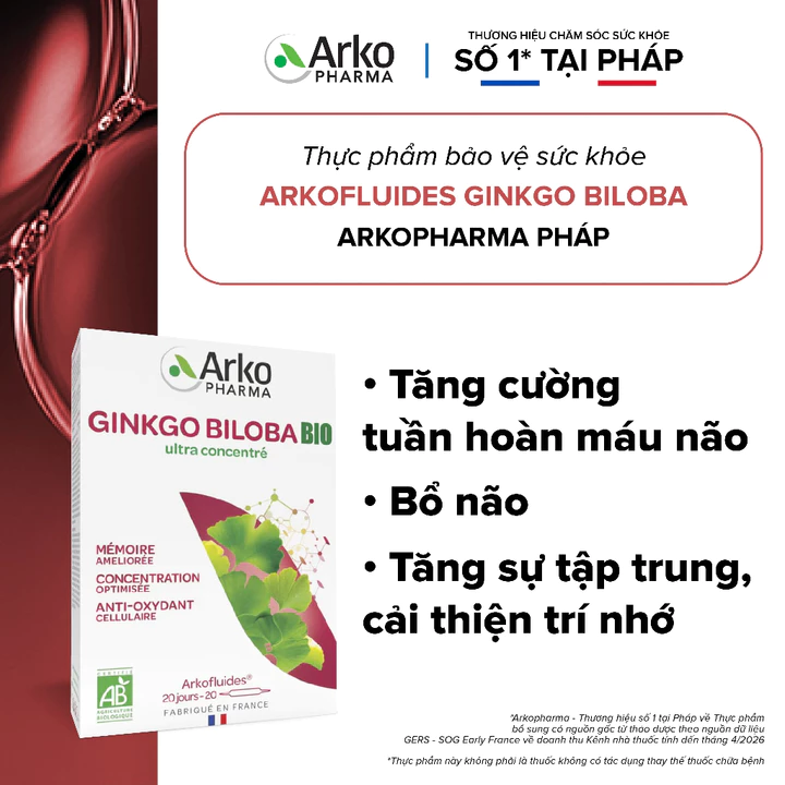 Nước uống bổ não Ginkgo Biloba Pháp Arkopharma tăng cường tuần hoàn máu não-TPBVSK Arkofluides Ginkgo Biloba (20 ống)
