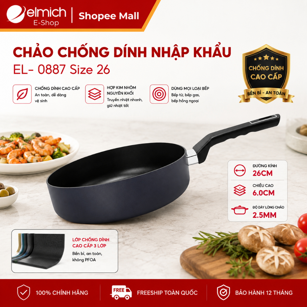 Chảo Chống Dính Elmich Chính Hãng EL-8086 24cm /EL-8087 26cm /EL-8088 28cm | Chảo Nhập Khẩu Cao Cấp