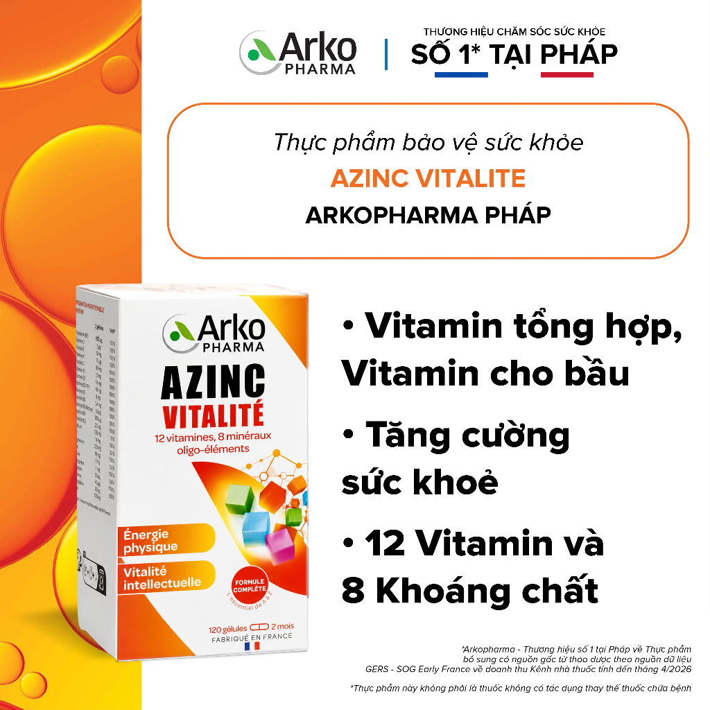 Vitamin tổng hợp Pháp Arkopharma tăng cường sức khoẻ, vitamin tổng hợp cho bầu - TPBVSK AzinC Vitalite (120v)