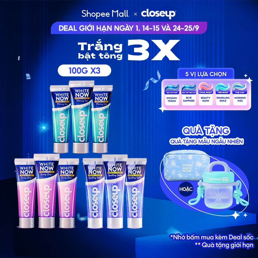 Combo 3 Kem đánh răng Closeup White Now - Trắng Bật Tông 3X TỨC THÌ với Công nghệ Ánh Sáng Xanh 100g