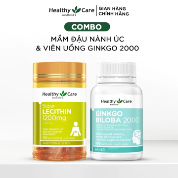 Combo Mầm Đậu Nành Úc Healthy Care Super Lecithin 1200mg 100 Viên & Viên Uống Bổ Não Healthy Care Ginkgo Biloba 100 Viên